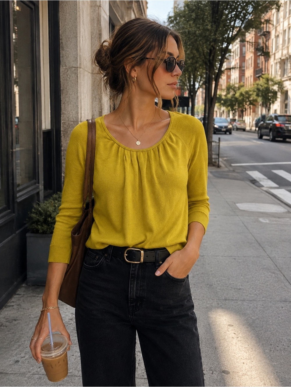 Banana Republic Women's Scoop Neck Long Sleeve Top in Chartreuse Yellow